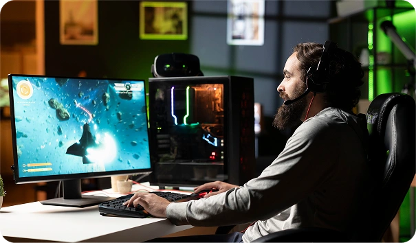 Hráč se sluchátky při intenzivním tréninku u více monitorů v moderním gamingovém prostředí.